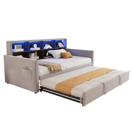 Sofá-cama 90x190 cm - Cabeceira com arrumação, luz LED, tomadas, cama extensível, estofamento em veludo - Cinza claro