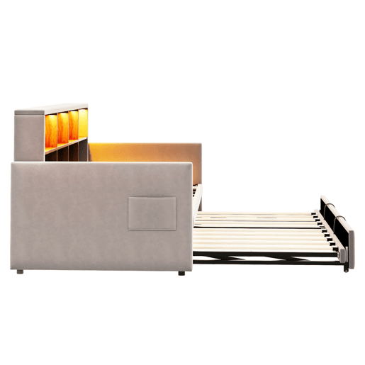 Sofá-cama 90x190 cm - Cabeceira com arrumação, luz LED, tomadas, cama extensível, estofamento em veludo - Cinza claro