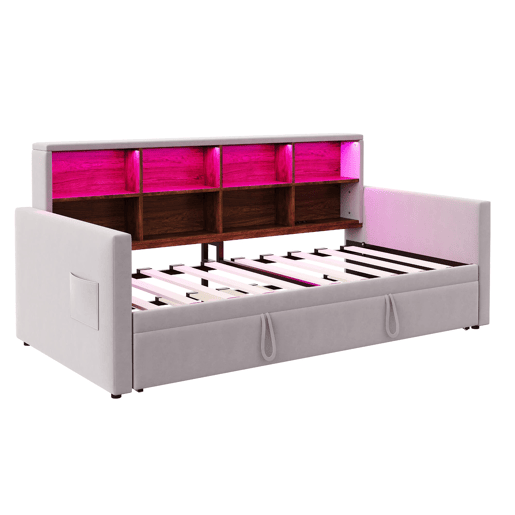 Sofá-cama 90x190 cm - Cabeceira com arrumação, luz LED, tomadas, cama extensível, estofamento em veludo - Cinza claro