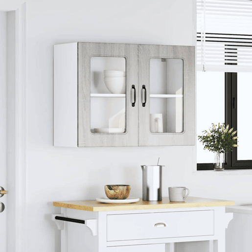 Armário de parede de cozinha - Cozinha modular porta vidro cinza sonoma