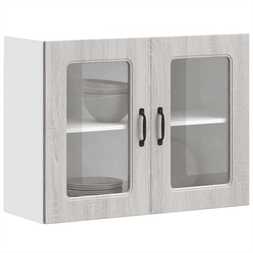 Armário de parede de cozinha - Cozinha modular porta vidro cinza sonoma