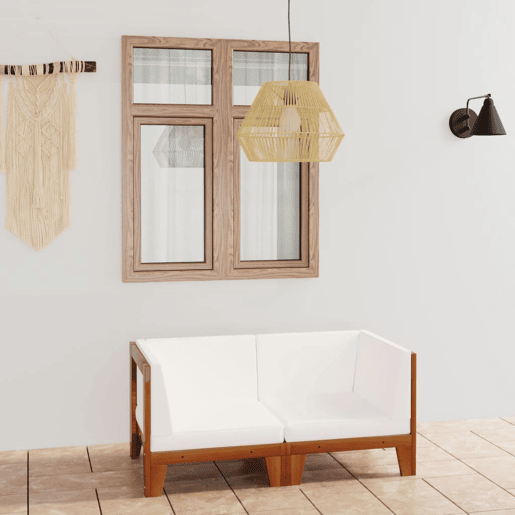 Sofá de 2 lugares - Sofá fixo com almofadões branco nata acácia maciça Sofá de 2 lugares - Sofá fixo com almofadões branco nata acácia maciça