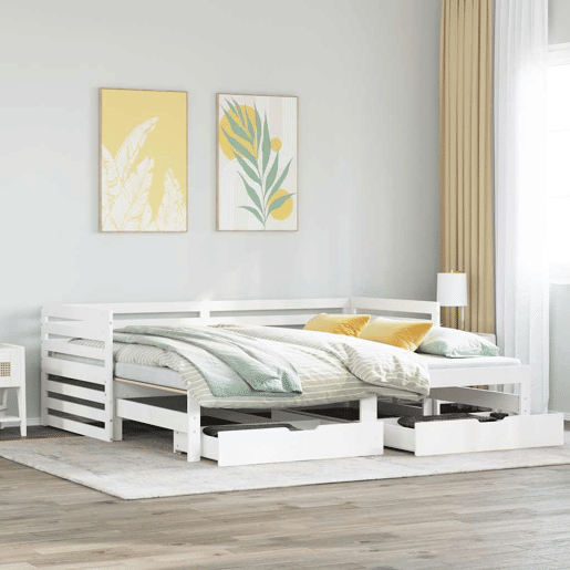 Sofá-cama, Sofá conversível c gavetas 90x200cm madeira de pinho maciça branco