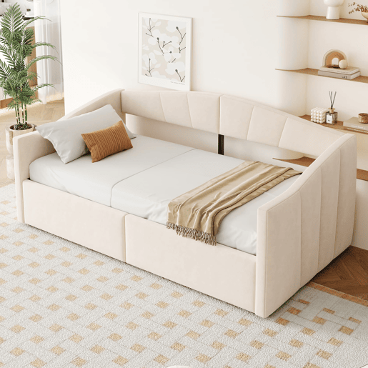 Sofá-cama 90x200 cm - Com arrumação hidráulica, com estrado e braços, bege