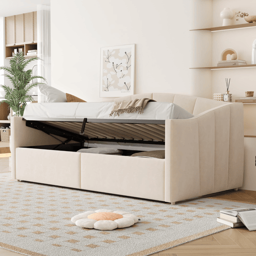 Sofá-cama 90x200 cm - Com arrumação hidráulica, com estrado e braços, bege