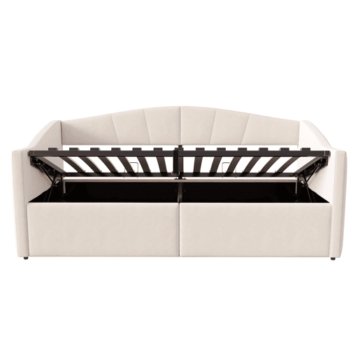 Sofá-cama 90x200 cm - Com arrumação hidráulica, com estrado e braços, bege
