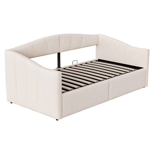 Sofá-cama 90x200 cm - Com arrumação hidráulica, com estrado e braços, bege