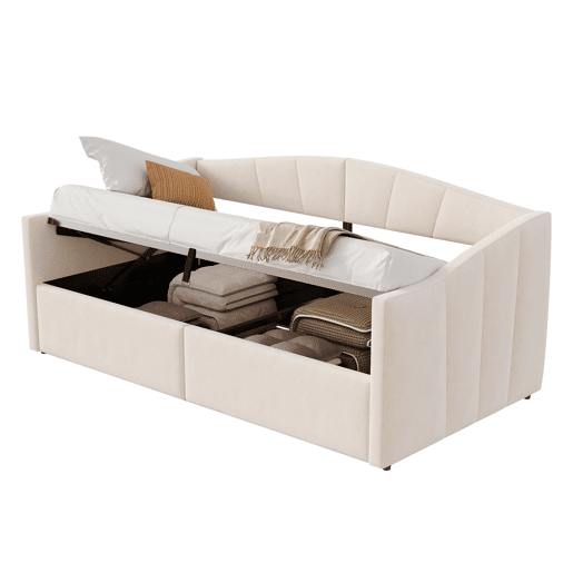 Sofá-cama 90x200 cm - Com arrumação hidráulica, com estrado e braços, bege