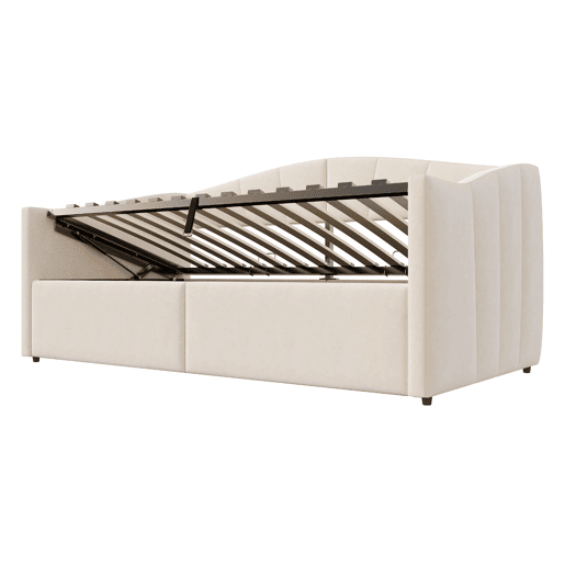 Sofá-cama 90x200 cm - Com arrumação hidráulica, com estrado e braços, bege