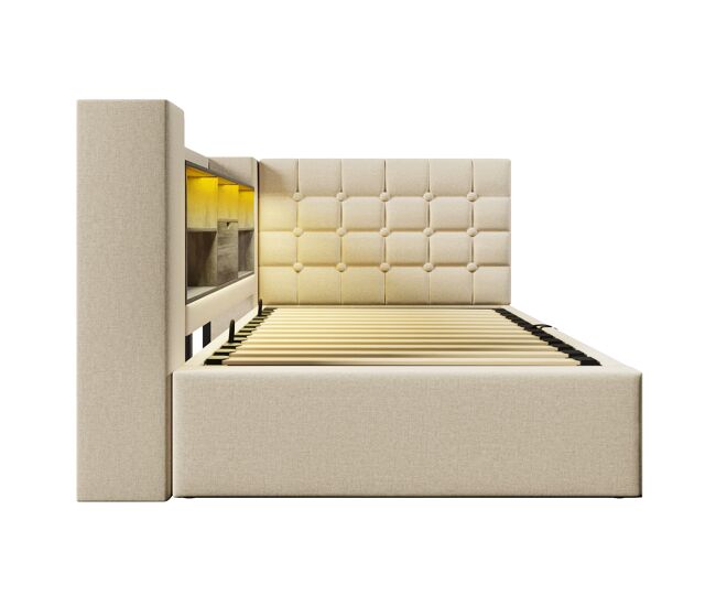 Cama individual 90x190 - tapizada con led, almacenamiento hidráulico, cabecero l, beige