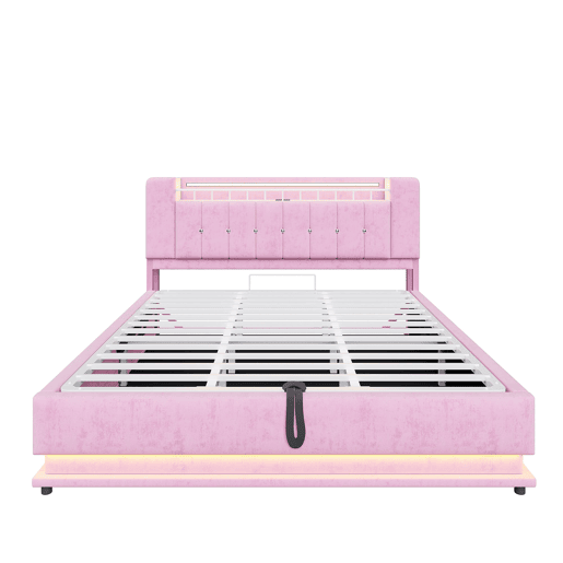 Cama estofada 180x200 cm - Com iluminação LED, USB, armazenamento hidráulico, veludo, metal - Rosa Cama estofada 180x200 cm - Com iluminação LED, USB, armazenamento hidráulico, veludo, metal - Rosa