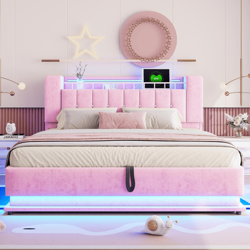 Cama estofada 180x200 cm - Com iluminação LED, USB, armazenamento hidráulico, veludo, metal - Rosa Cama estofada 180x200 cm - Com iluminação LED, USB, armazenamento hidráulico, veludo, metal - Rosa