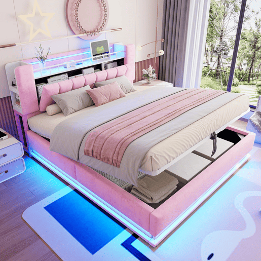 Cama estofada 180x200 cm - Com iluminação LED, USB, armazenamento hidráulico, veludo, metal - Rosa Cama estofada 180x200 cm - Com iluminação LED, USB, armazenamento hidráulico, veludo, metal - Rosa