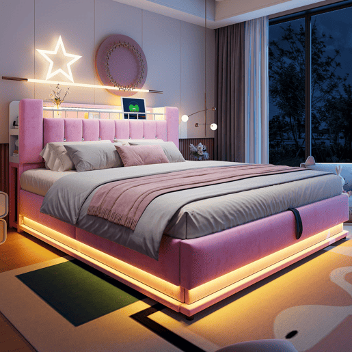 Cama estofada 180x200 cm - Com iluminação LED, USB, armazenamento hidráulico, veludo, metal - Rosa Cama estofada 180x200 cm - Com iluminação LED, USB, armazenamento hidráulico, veludo, metal - Rosa