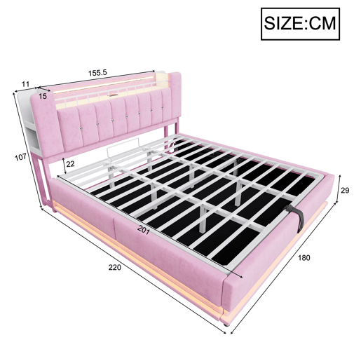 Cama estofada 180x200 cm - Com iluminação LED, USB, armazenamento hidráulico, veludo, metal - Rosa Cama estofada 180x200 cm - Com iluminação LED, USB, armazenamento hidráulico, veludo, metal - Rosa