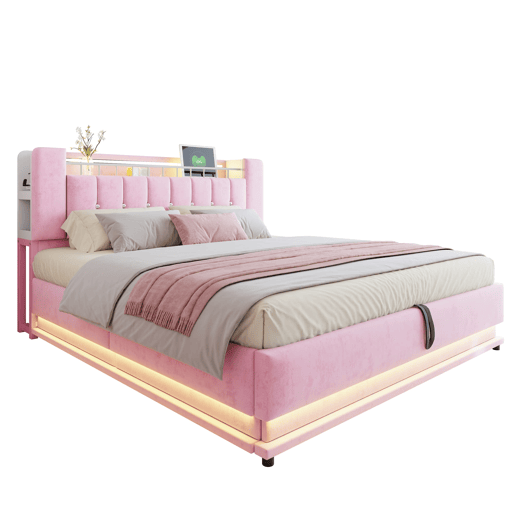 Cama estofada 180x200 cm - Com iluminação LED, USB, armazenamento hidráulico, veludo, metal - Rosa Cama estofada 180x200 cm - Com iluminação LED, USB, armazenamento hidráulico, veludo, metal - Rosa