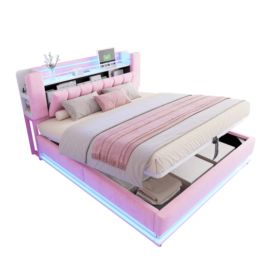 Cama estofada 180x200 cm - Com iluminação LED, USB, armazenamento hidráulico, veludo, metal - Rosa Cama estofada 180x200 cm - Com iluminação LED, USB, armazenamento hidráulico, veludo, metal - Rosa