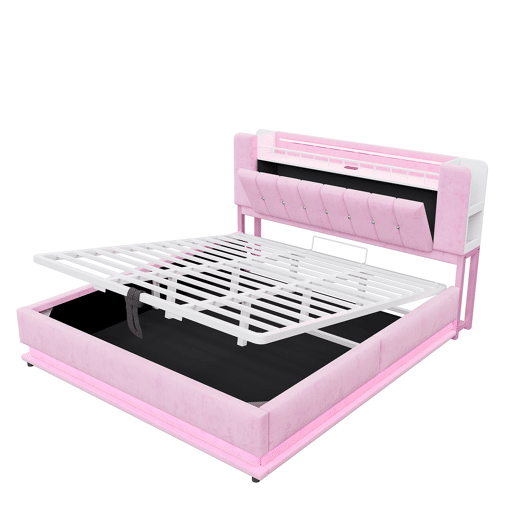 Cama estofada 180x200 cm - Com iluminação LED, USB, armazenamento hidráulico, veludo, metal - Rosa Cama estofada 180x200 cm - Com iluminação LED, USB, armazenamento hidráulico, veludo, metal - Rosa