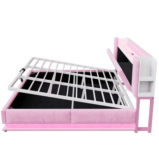 Cama estofada 180x200 cm - Com iluminação LED, USB, armazenamento hidráulico, veludo, metal - Rosa Cama estofada 180x200 cm - Com iluminação LED, USB, armazenamento hidráulico, veludo, metal - Rosa