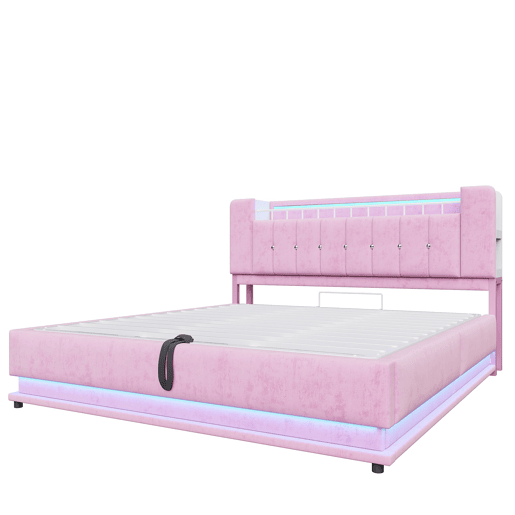Cama estofada 180x200 cm - Com iluminação LED, USB, armazenamento hidráulico, veludo, metal - Rosa Cama estofada 180x200 cm - Com iluminação LED, USB, armazenamento hidráulico, veludo, metal - Rosa