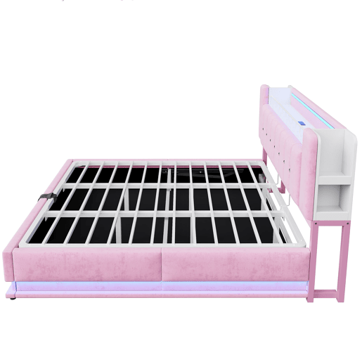Cama estofada 180x200 cm - Com iluminação LED, USB, armazenamento hidráulico, veludo, metal - Rosa Cama estofada 180x200 cm - Com iluminação LED, USB, armazenamento hidráulico, veludo, metal - Rosa