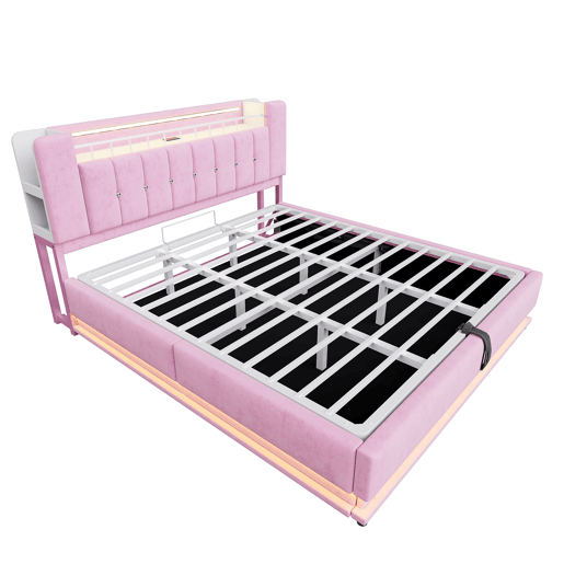 Cama estofada 180x200 cm - Com iluminação LED, USB, armazenamento hidráulico, veludo, metal - Rosa Cama estofada 180x200 cm - Com iluminação LED, USB, armazenamento hidráulico, veludo, metal - Rosa