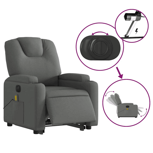 Poltrona elétrica elevatória massagens - Poltrona relax tecido cinzento-escuro