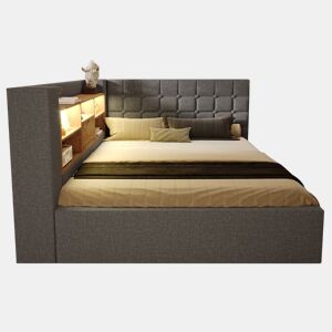 Cama estofada 140x190 - LED, armazenamento hidráulico, cabeceira em L, colchão não incluído - Cinza