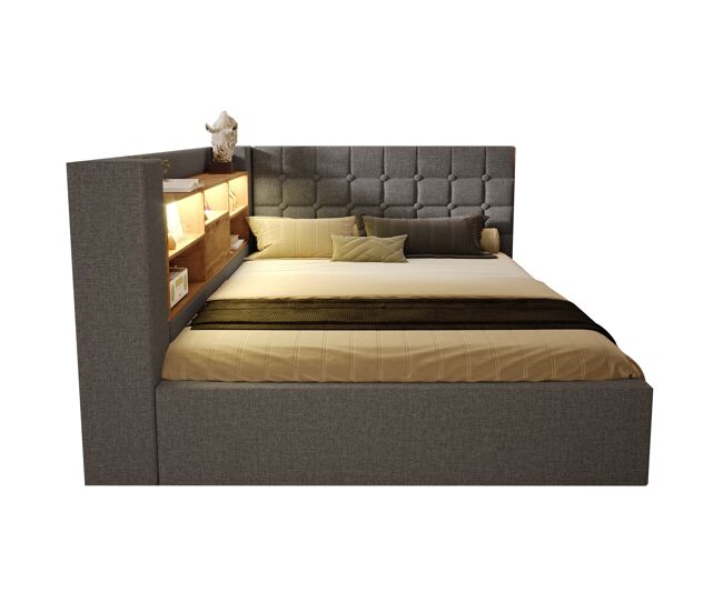 Cama tapizada 140x190 - led, almacenamiento hidráulico, cabecero en l, colchón no incluido - gris