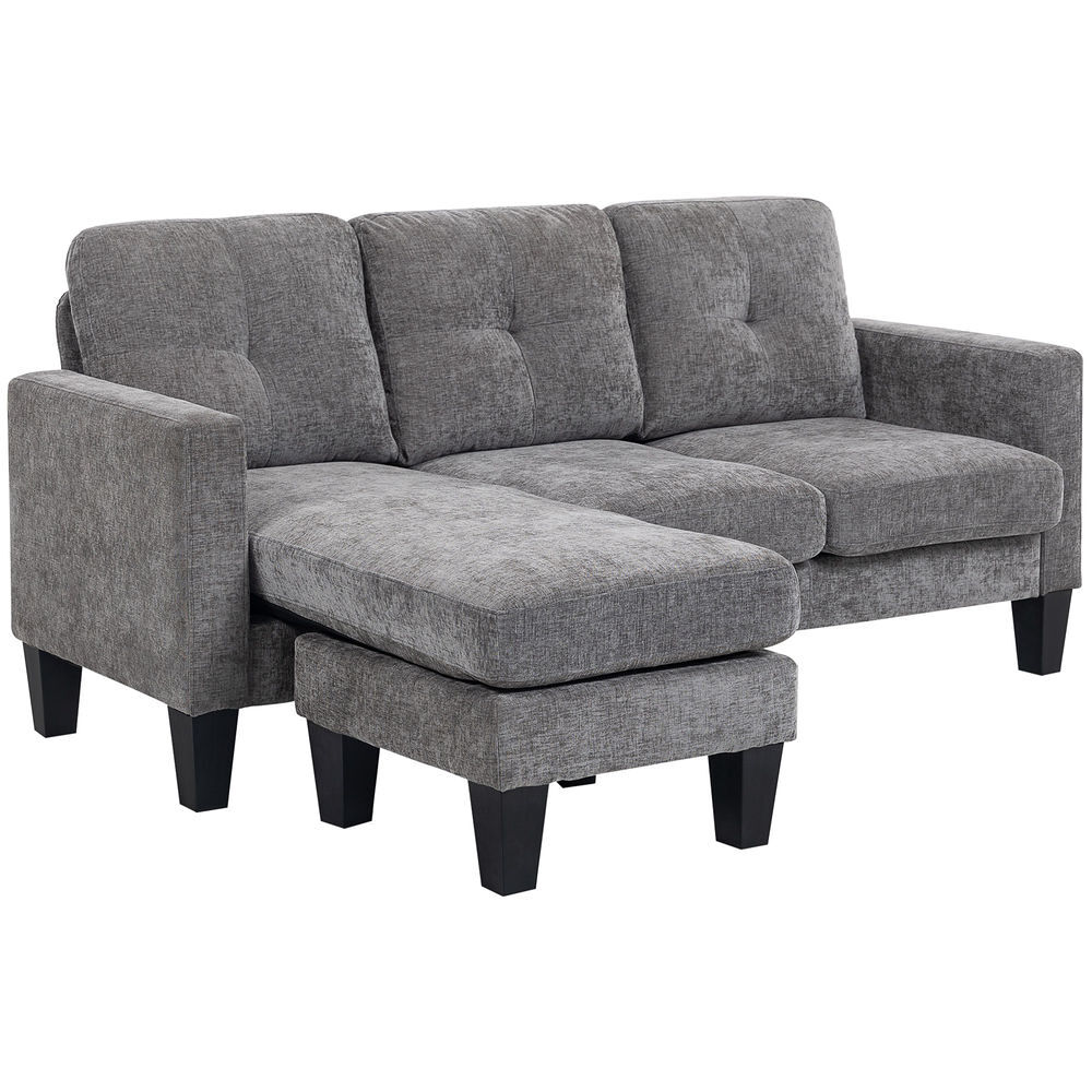 Homcom sofá chaise longue reversible, sofá de 3 plazas en forma de l, tapizado en chenilla, asiento y respaldo acolchados, estructura de acero, 186x130x84 cm, gris oscuro