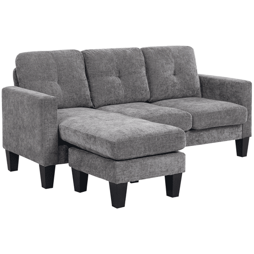 HOMCOM Sofá Chaise Longue Sofá em Forma de L Estofado em Poliéster Sofá de Canto Reversível com 3 Almofadas e Pés de Madeira para Sala de Estar Carga Máxima 180 kg 186x130x84 cm Cinzento Escuro