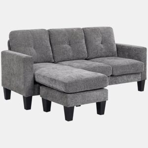 HOMCOM Sofá Chaise Longue Sofá em Forma de L Estofado em Poliéster Sofá de Canto Reversível com 3 Almofadas e Pés de Madeira para Sala de Estar Carga Máxima 180 kg 186x130x84 cm Cinzento Escuro