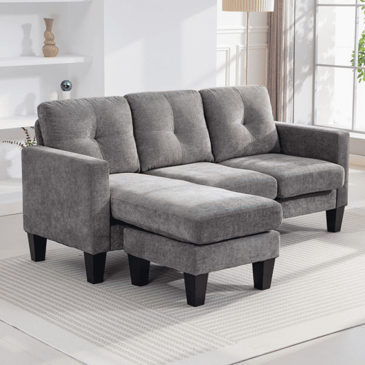 HOMCOM Sofá Chaise Longue Sofá em Forma de L Estofado em Poliéster Sofá de Canto Reversível com 3 Almofadas e Pés de Madeira para Sala de Estar Carga Máxima 180 kg 186x130x84 cm Cinzento Escuro