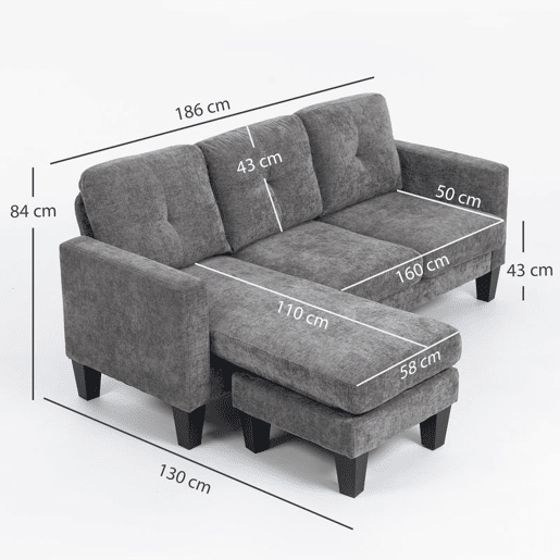 HOMCOM Sofá Chaise Longue Sofá em Forma de L Estofado em Poliéster Sofá de Canto Reversível com 3 Almofadas e Pés de Madeira para Sala de Estar Carga Máxima 180 kg 186x130x84 cm Cinzento Escuro