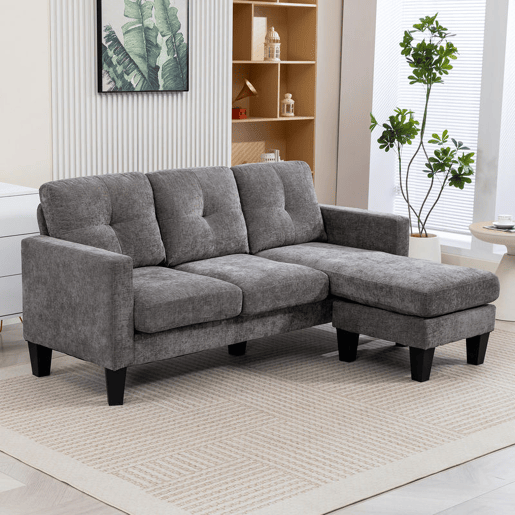 HOMCOM Sofá Chaise Longue Sofá em Forma de L Estofado em Poliéster Sofá de Canto Reversível com 3 Almofadas e Pés de Madeira para Sala de Estar Carga Máxima 180 kg 186x130x84 cm Cinzento Escuro
