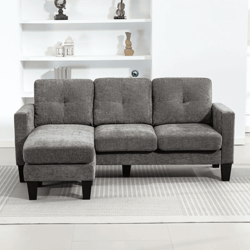 HOMCOM Sofá Chaise Longue Sofá em Forma de L Estofado em Poliéster Sofá de Canto Reversível com 3 Almofadas e Pés de Madeira para Sala de Estar Carga Máxima 180 kg 186x130x84 cm Cinzento Escuro