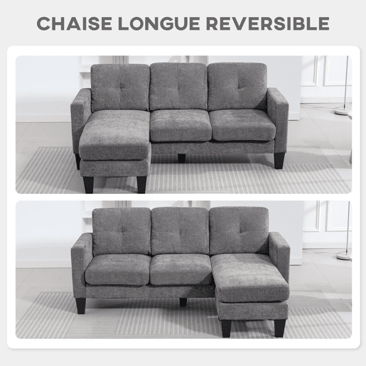 HOMCOM Sofá Chaise Longue Sofá em Forma de L Estofado em Poliéster Sofá de Canto Reversível com 3 Almofadas e Pés de Madeira para Sala de Estar Carga Máxima 180 kg 186x130x84 cm Cinzento Escuro