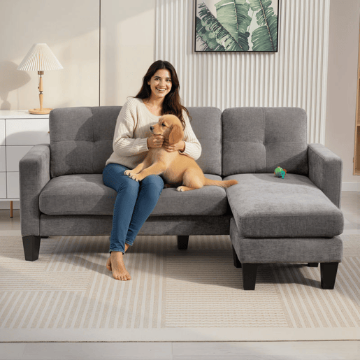 HOMCOM Sofá Chaise Longue Sofá em Forma de L Estofado em Poliéster Sofá de Canto Reversível com 3 Almofadas e Pés de Madeira para Sala de Estar Carga Máxima 180 kg 186x130x84 cm Cinzento Escuro