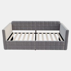 Sofá-cama 90x190 cm - Estilo clássico, com arrumação e 2 gavetas, veludo, cinzento