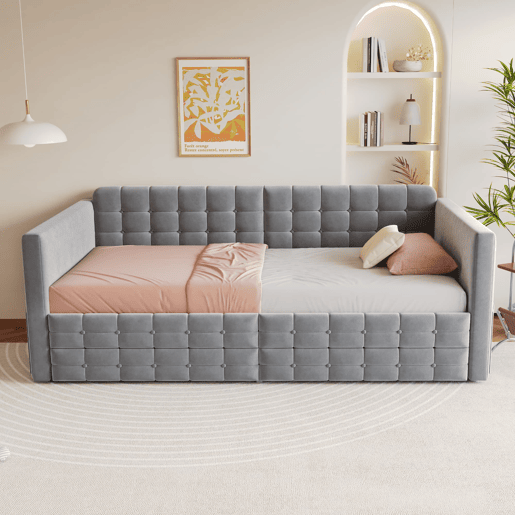 Sofá-cama 90x190 cm - Estilo clássico, com arrumação e 2 gavetas, veludo, cinzento Sofá-cama 90x190 cm - Estilo clássico, com arrumação e 2 gavetas, veludo, cinzento