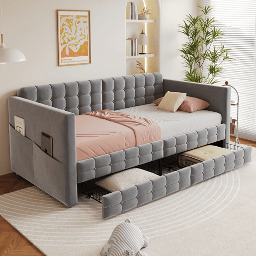 Sofá-cama 90x190 cm - Estilo clássico, com arrumação e 2 gavetas, veludo, cinzento Sofá-cama 90x190 cm - Estilo clássico, com arrumação e 2 gavetas, veludo, cinzento