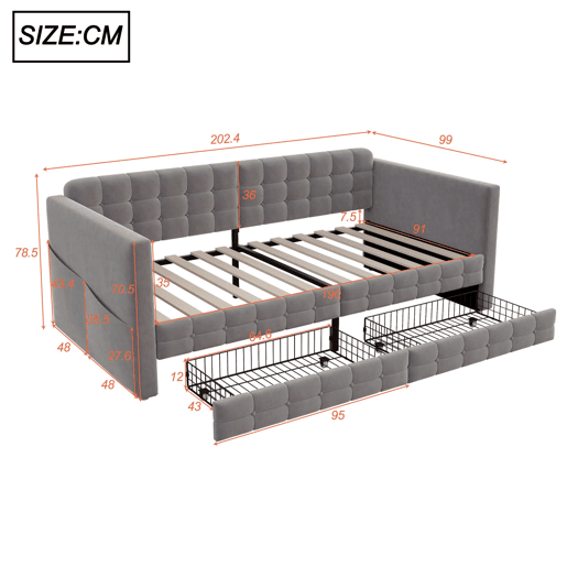 Sofá-cama 90x190 cm - Estilo clássico, com arrumação e 2 gavetas, veludo, cinzento Sofá-cama 90x190 cm - Estilo clássico, com arrumação e 2 gavetas, veludo, cinzento