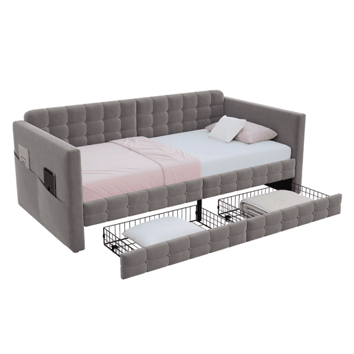 Sofá-cama 90x190 cm - Estilo clássico, com arrumação e 2 gavetas, veludo, cinzento Sofá-cama 90x190 cm - Estilo clássico, com arrumação e 2 gavetas, veludo, cinzento