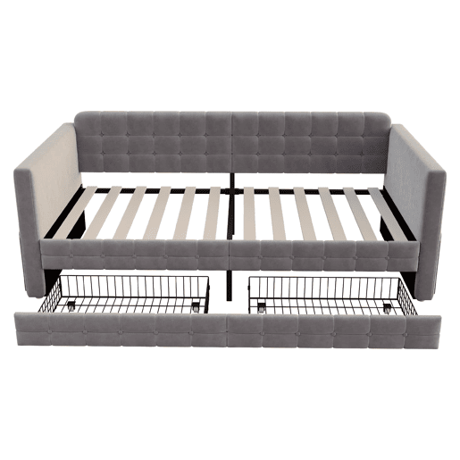 Sofá-cama 90x190 cm - Estilo clássico, com arrumação e 2 gavetas, veludo, cinzento Sofá-cama 90x190 cm - Estilo clássico, com arrumação e 2 gavetas, veludo, cinzento