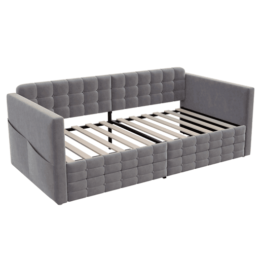 Sofá-cama 90x190 cm - Estilo clássico, com arrumação e 2 gavetas, veludo, cinzento Sofá-cama 90x190 cm - Estilo clássico, com arrumação e 2 gavetas, veludo, cinzento