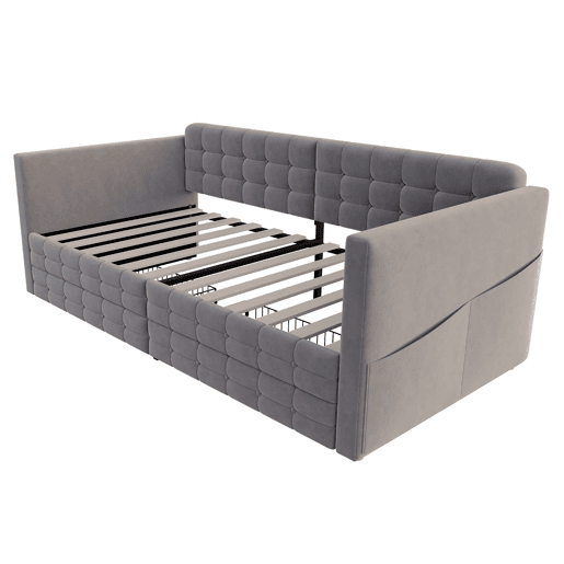 Sofá-cama 90x190 cm - Estilo clássico, com arrumação e 2 gavetas, veludo, cinzento Sofá-cama 90x190 cm - Estilo clássico, com arrumação e 2 gavetas, veludo, cinzento