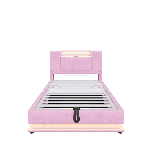 Cama infantil 90x200 cm - Com iluminação LED, porta USB, armazenamento hidráulico, estofamento em veludo, estrutura metálica - Rosa
