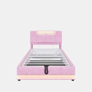 Cama infantil 90x200 cm - Com iluminação LED, porta USB, armazenamento hidráulico, estofamento em veludo, estrutura metálica - Rosa