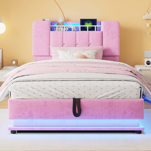 Cama infantil 90x200 cm - Com iluminação LED, porta USB, armazenamento hidráulico, estofamento em veludo, estrutura metálica - Rosa