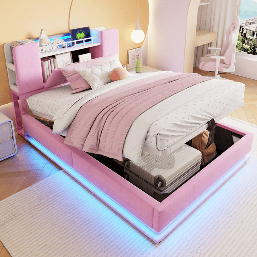 Cama infantil 90x200 cm - Com iluminação LED, porta USB, armazenamento hidráulico, estofamento em veludo, estrutura metálica - Rosa